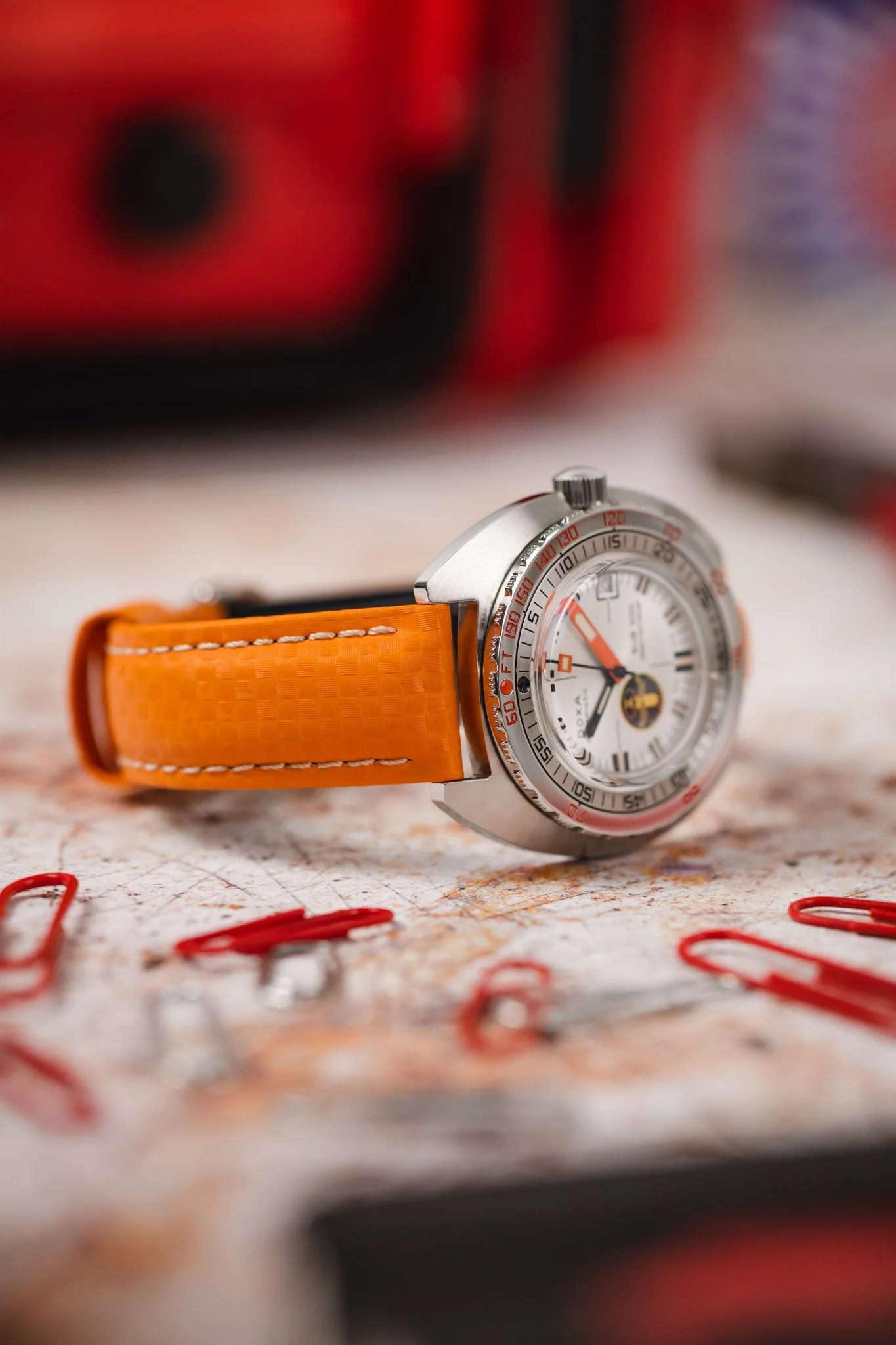 Hirsch CARBON Embossed Water-Resistant Leather Watch Strap in ORANGE - Image 5