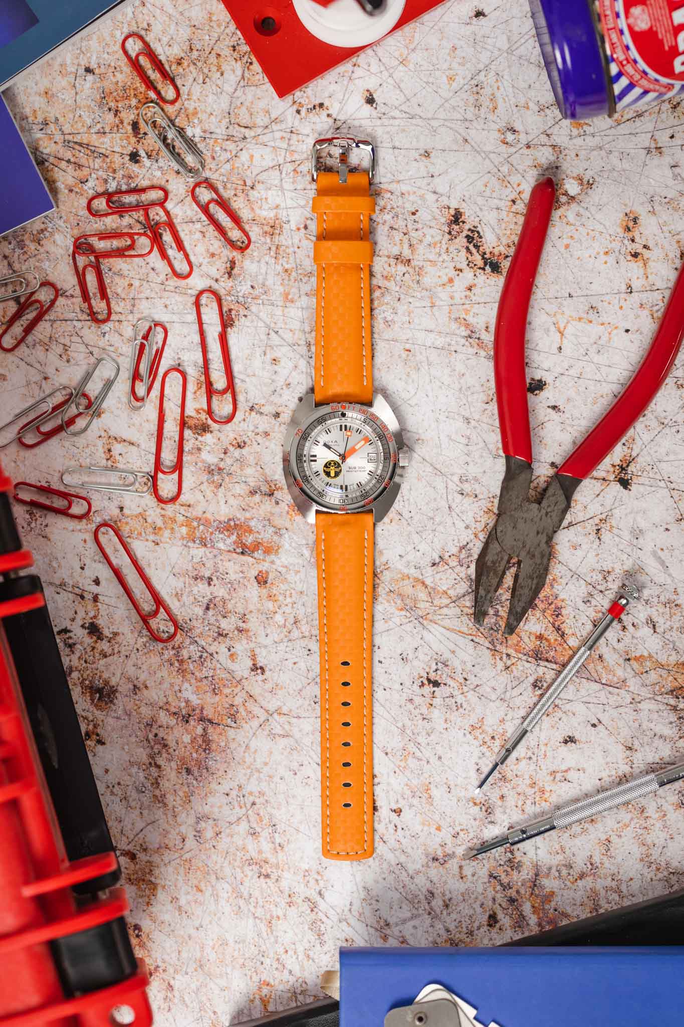 Hirsch CARBON Embossed Water-Resistant Leather Watch Strap in ORANGE - Image 7