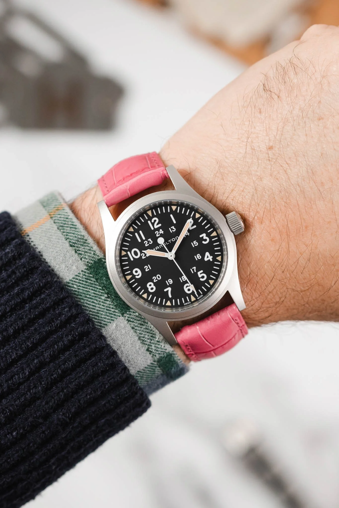 Hirsch DUKE Alligator Embossed Leather Watch Strap in PINK - Image 2
