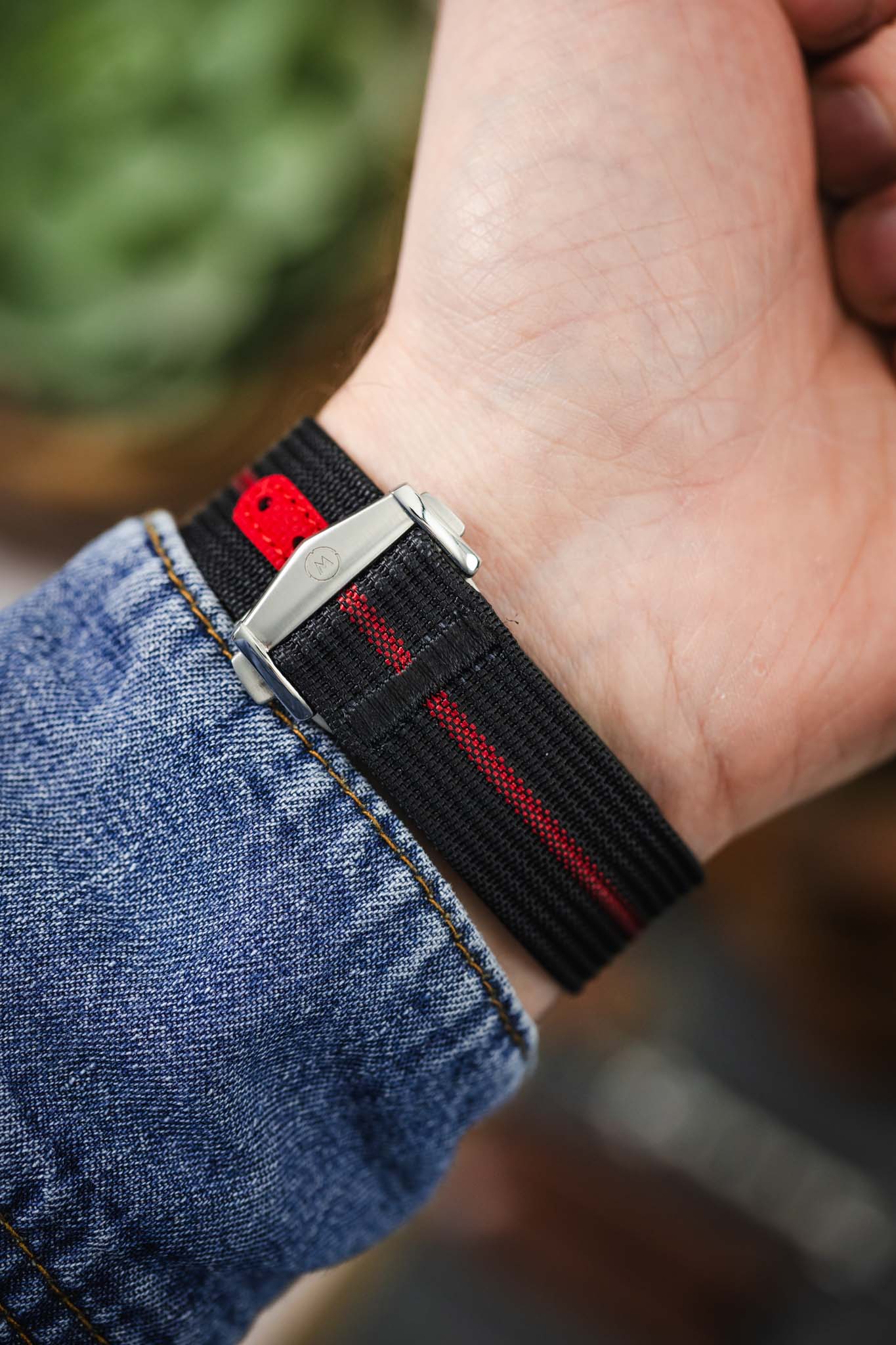 Ribbed Nylon Watch Strap with Clasp in BLACK/RED - Image 6