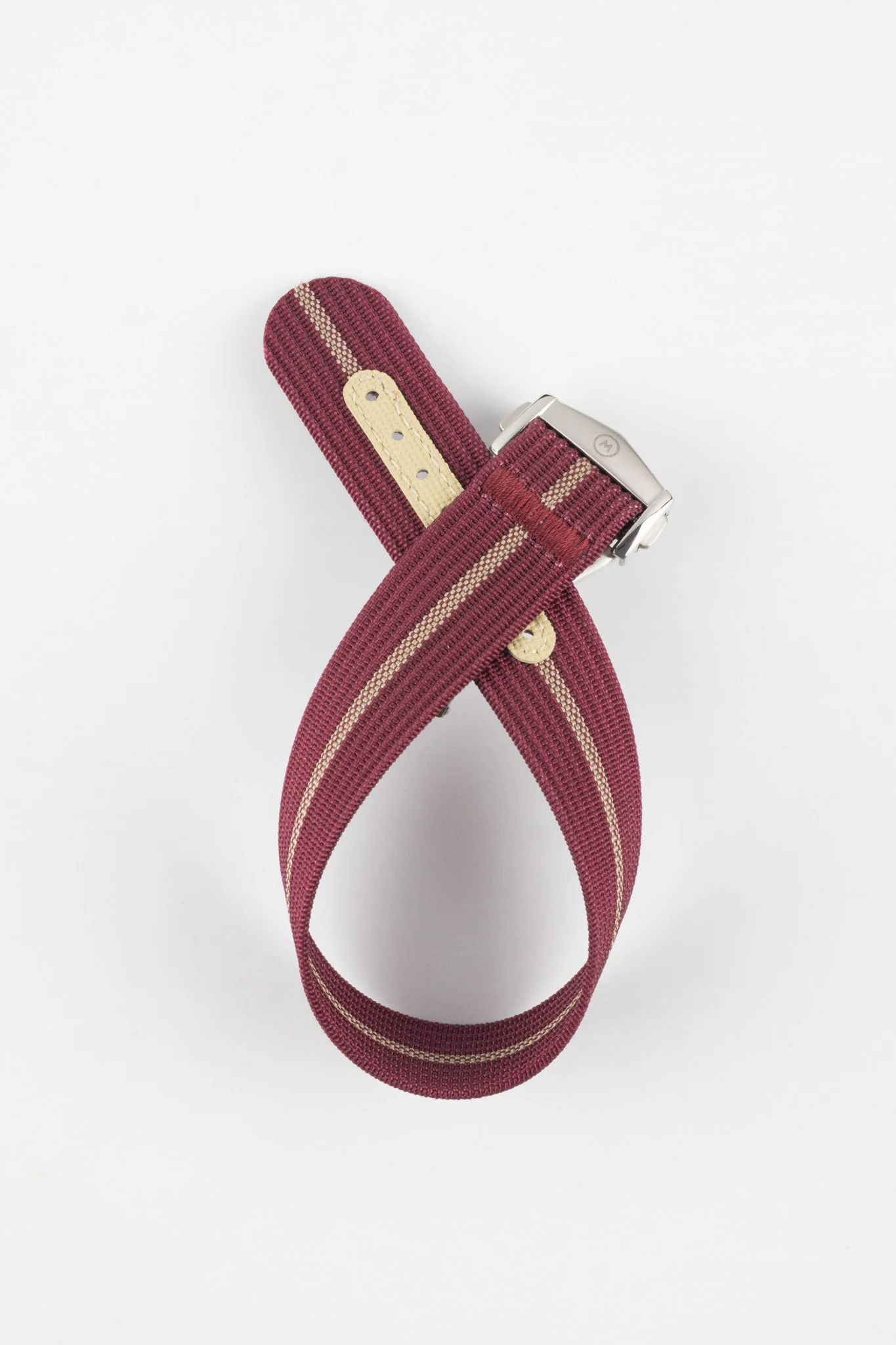 Ribbed Nylon Watch Strap with Clasp in BURGUNDY/CREAM