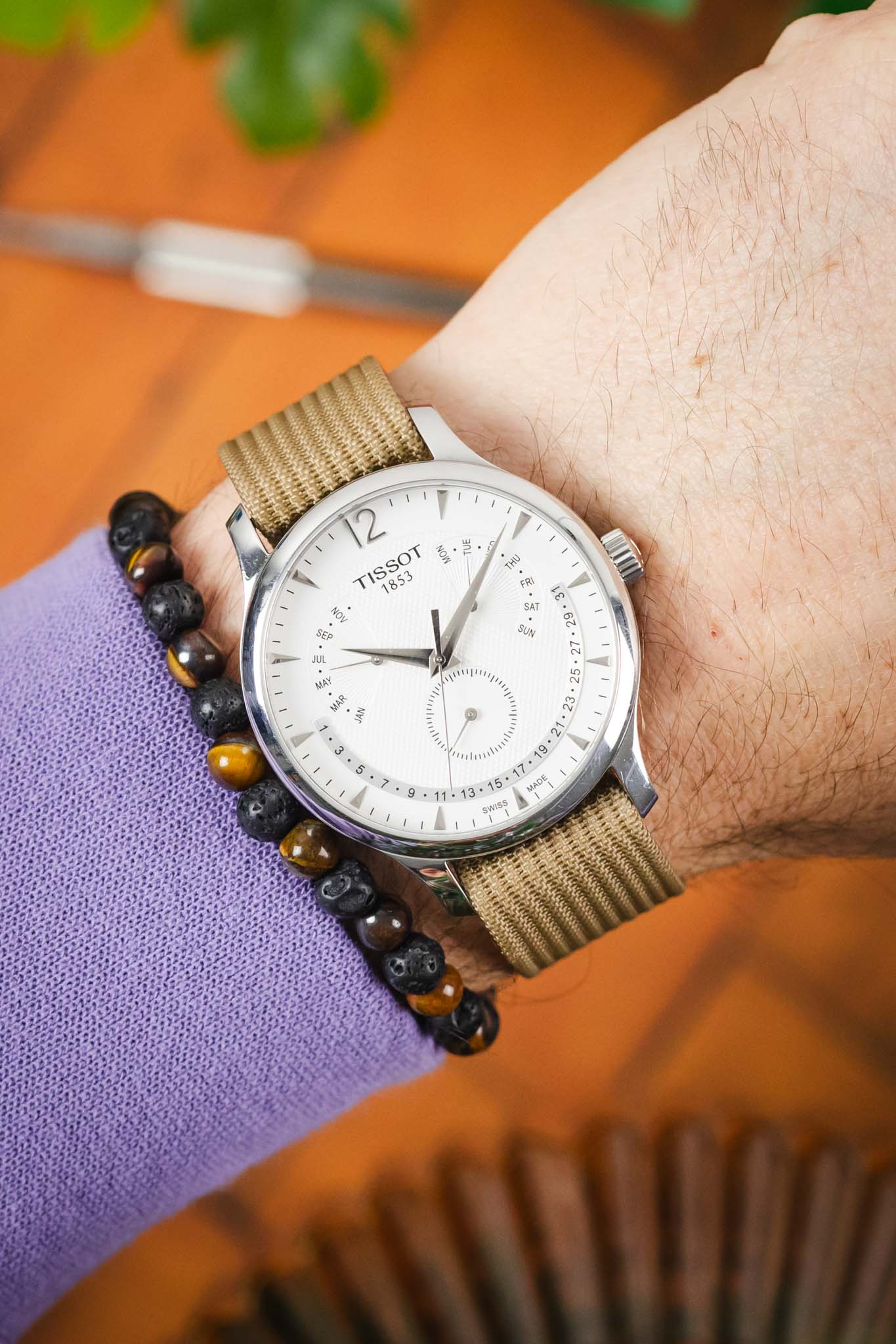 Ribbed Nylon Watch Strap with Clasp in CREAM - Image 2